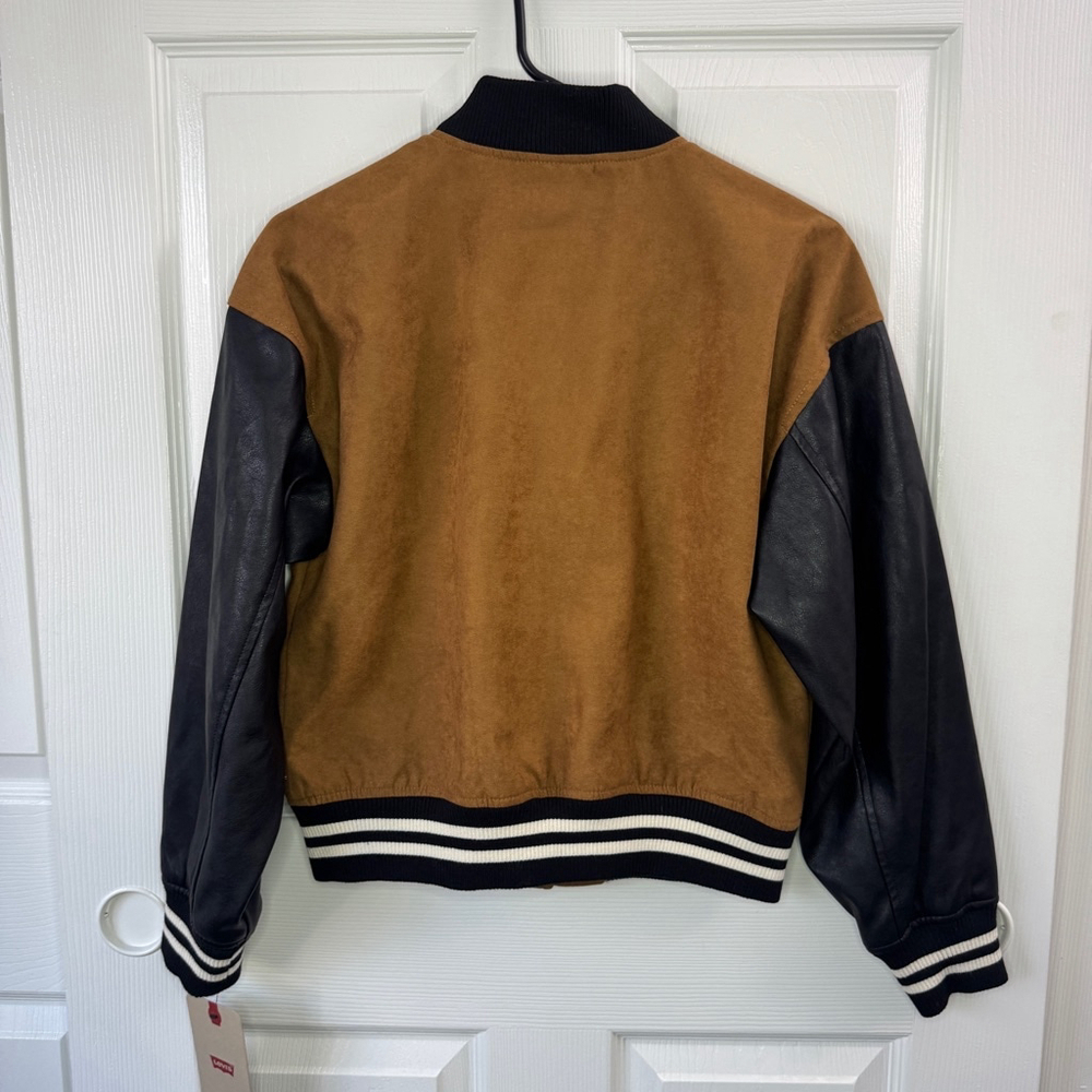 Levi’s Women's Mixed Media Varsity Bomber Jacket, Tan NWT XS - Picture 2 of 12